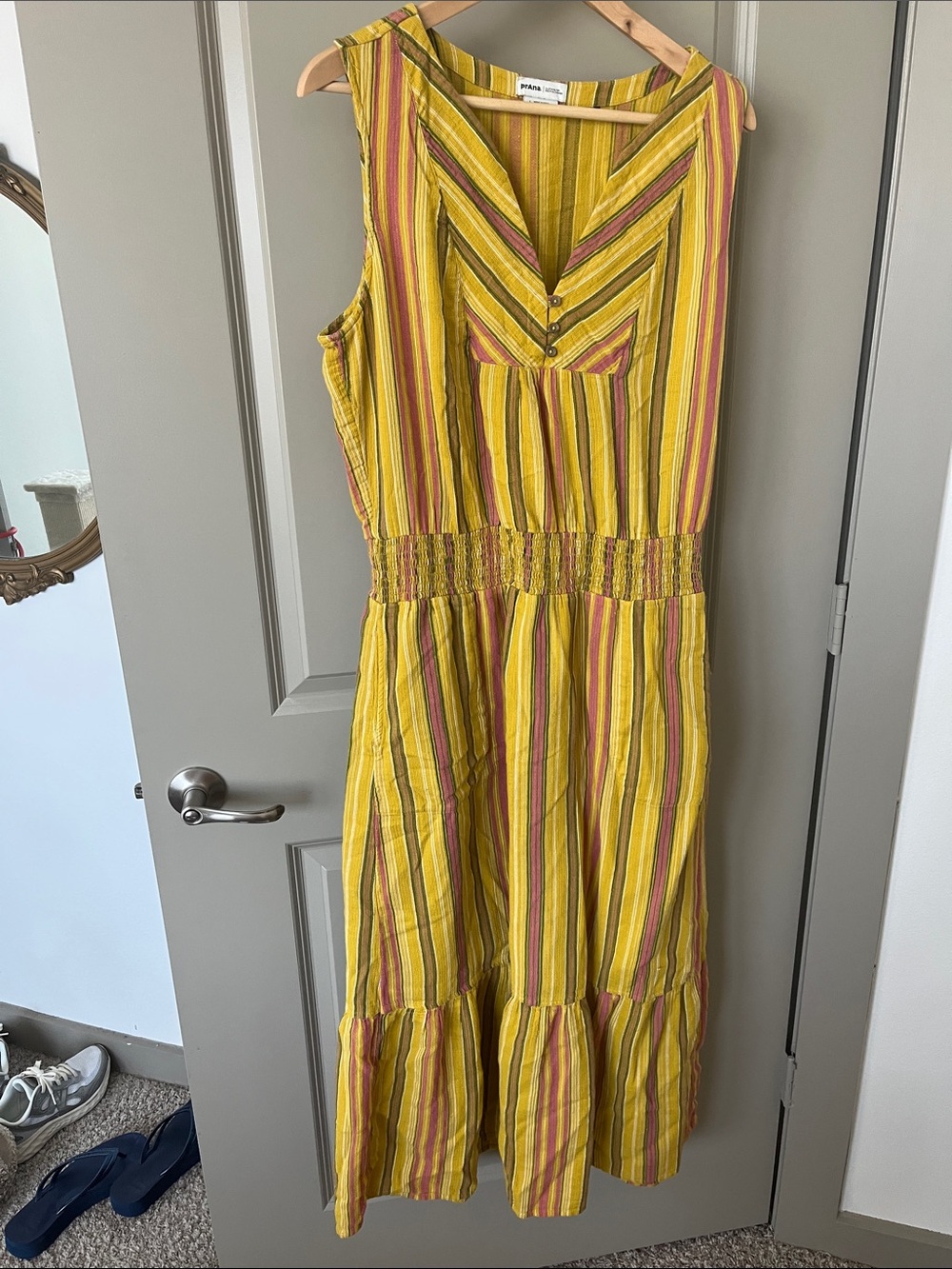 Prana Yellow Striped Sleeveless Dress with Pink & Green Accents